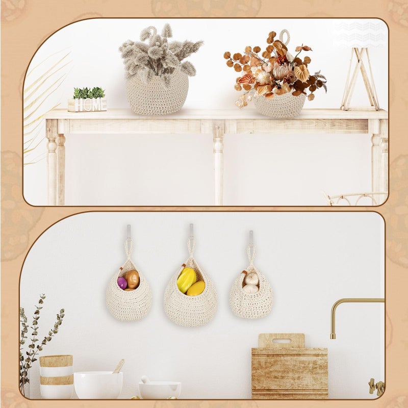 LOCS MICRAI Hanging Fruit Baskets for Kitchen - 6 Pack Boho Wall Hanging Basket,Handwoven Wall Fruits Basket,for Garlic Potato Vegetable Onion Teardrop Home Hanging Storage Baskets(White Classicï¼‰ - Image 5
