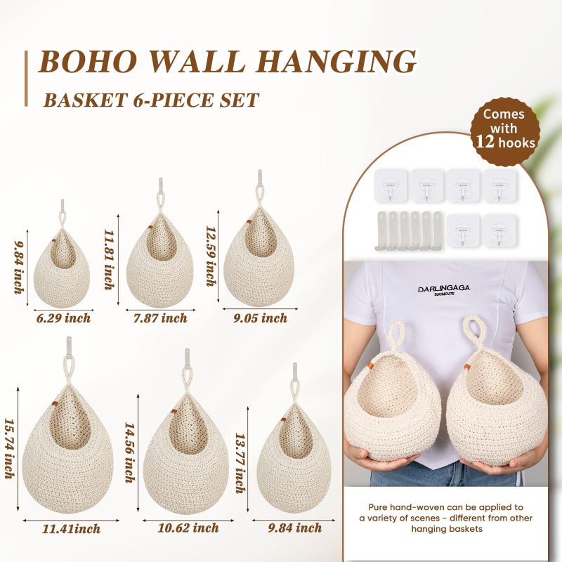 LOCS MICRAI Hanging Fruit Baskets for Kitchen - 6 Pack Boho Wall Hanging Basket,Handwoven Wall Fruits Basket,for Garlic Potato Vegetable Onion Teardrop Home Hanging Storage Baskets(White Classicï¼‰ - Image 4