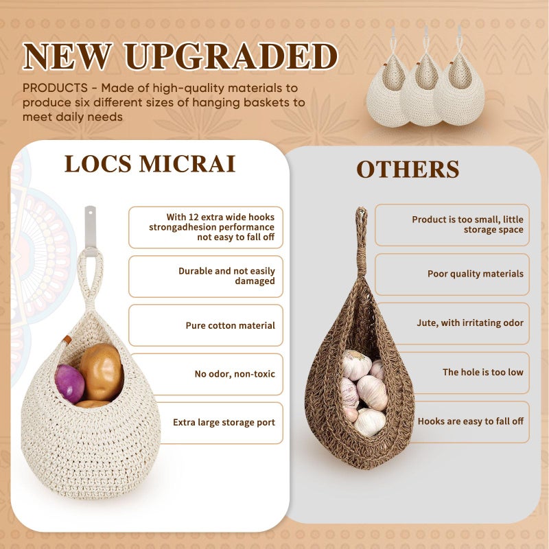 LOCS MICRAI Hanging Fruit Baskets for Kitchen - 6 Pack Boho Wall Hanging Basket,Handwoven Wall Fruits Basket,for Garlic Potato Vegetable Onion Teardrop Home Hanging Storage Baskets(White Classicï¼‰ - Image 2
