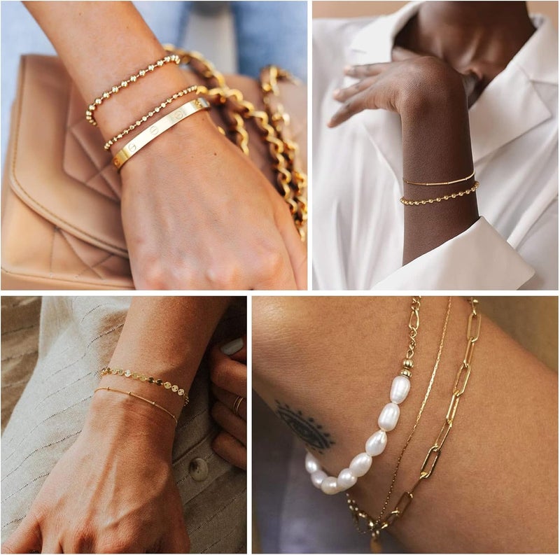 Goodern Gold Layered Bracelets Sets,14K Gold Plated Dainty Classic Adjustable Layered Bracelets for Women Girls Gift,Gold Link Bracelets Sets Fashion Dainty Boho Gold Chain Bracelets Set - Image 3