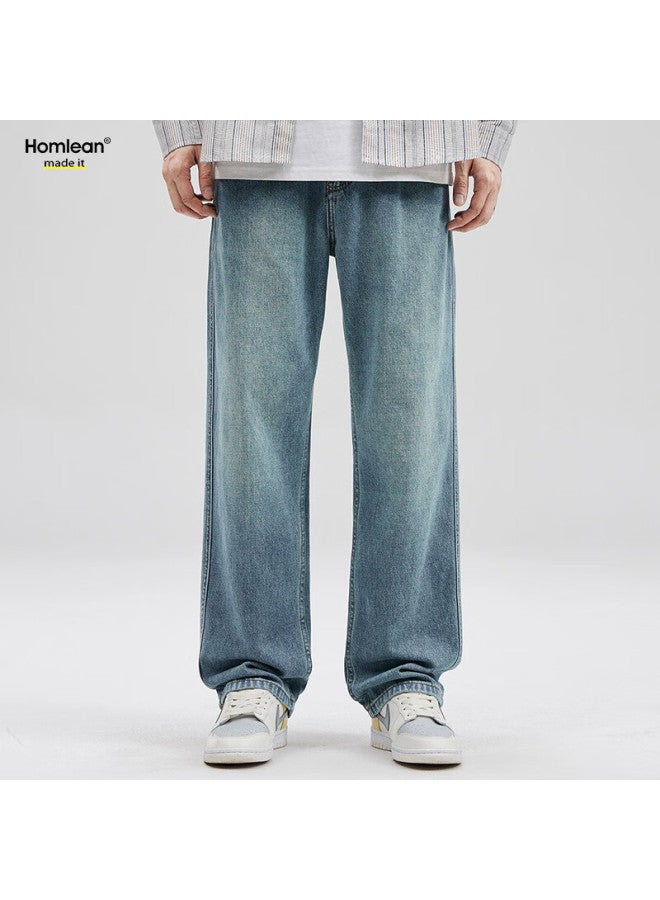 Homlean High Street Washed Retro Jeans Men's Spring And Summer American Street Straight-leg High-waisted Long Pants K464 Medium Blue XL - Image 4