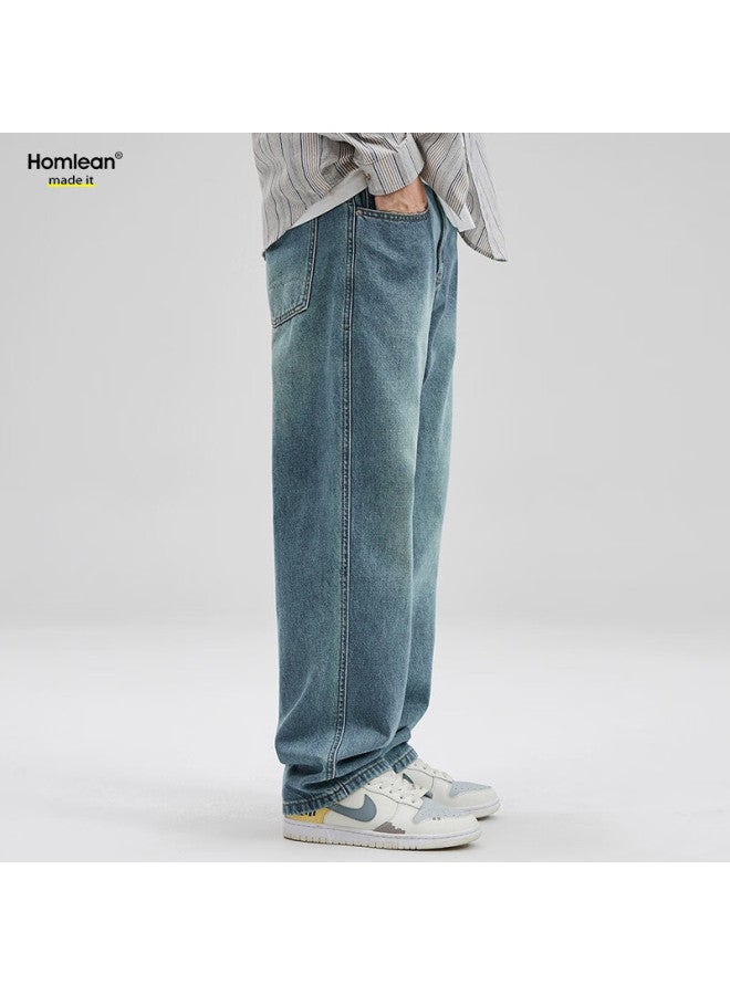 Homlean High Street Washed Retro Jeans Men's Spring And Summer American Street Straight-leg High-waisted Long Pants K464 Medium Blue XL - Image 3