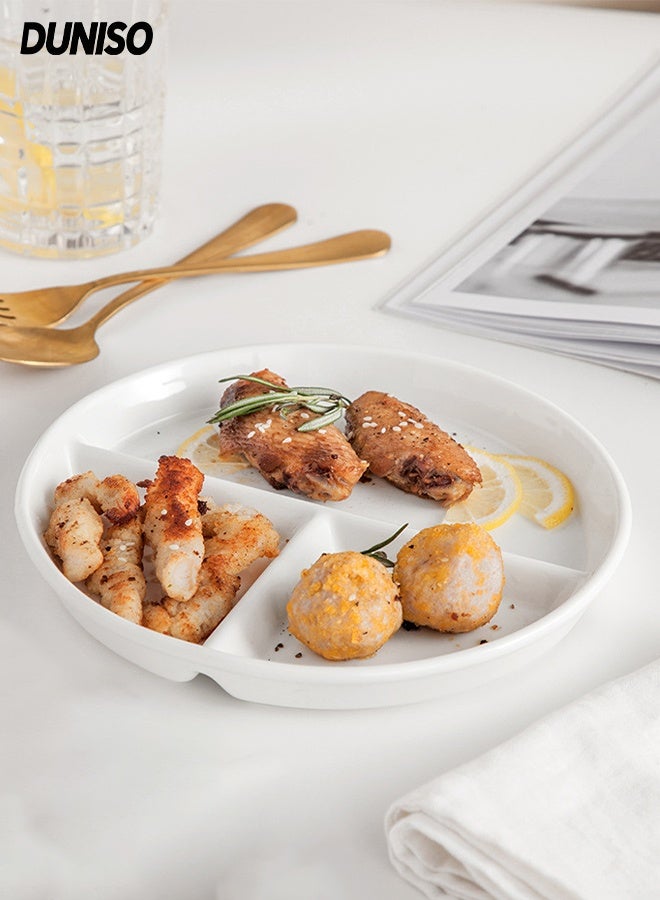 DUNISO طبق دائري قابل لإعادة الاستخدام بحجم 8 بوصات، طبق سيراميك مقسم لشخص واحد، مناسب للمنزل، المكتب، المدرسة والأنشطة الخارجية (أبيض) - Image 1