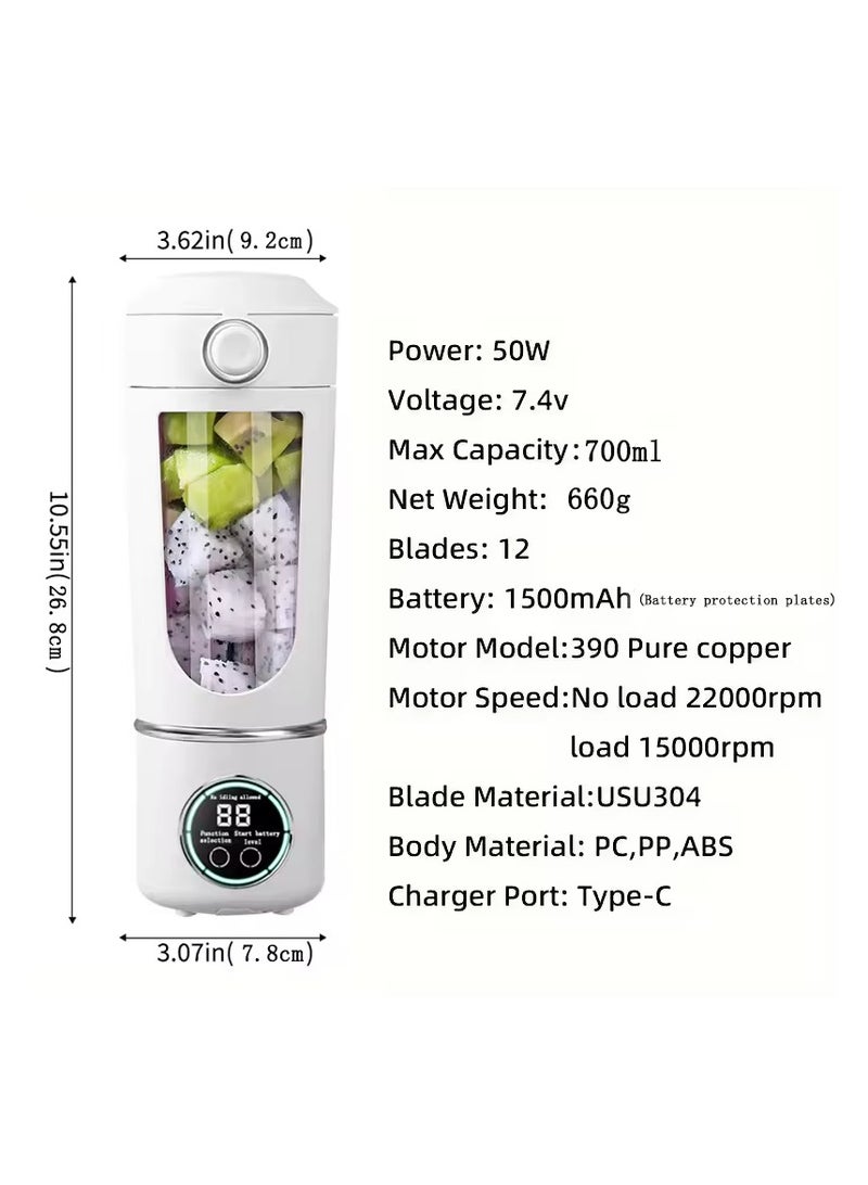 Portable Blender Smoothie Maker – 700ml USB Rechargeable Juicer & Ice Crusher with 12-Leaf Stainless Steel Blades, LCD Display, 3-Gear Speed, Leak-Proof Design, and 1500mAh Battery  - Image 4