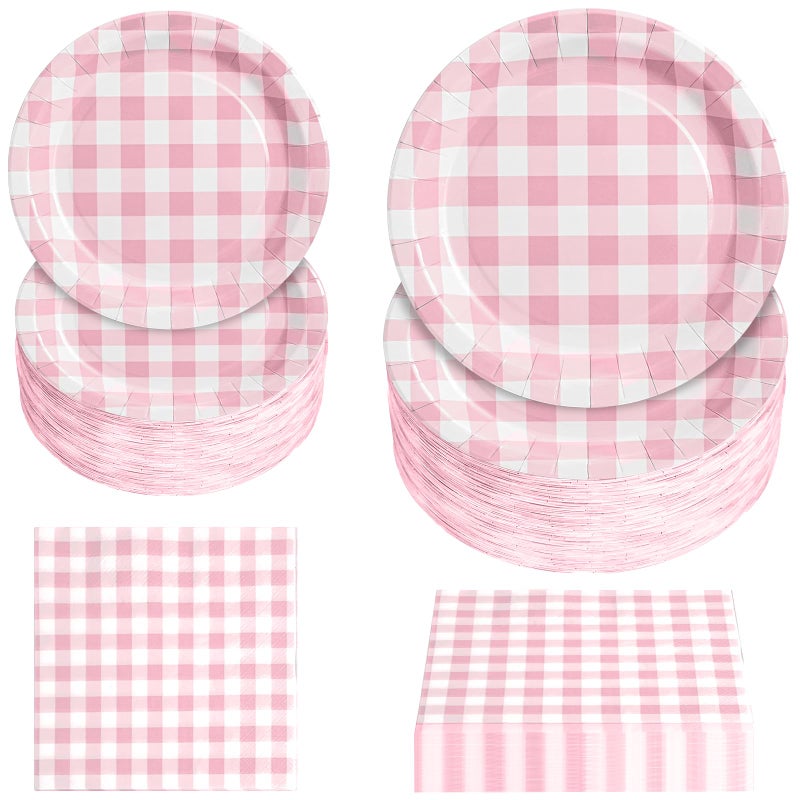 Hpscdyo 180Pcs Pink Gingham Party Supplies Paper Plates and Napkins Serve 60 Disposable Tableware Set for Birthday Party Decorations Game Day Family Holiday Sports Events - Image 1