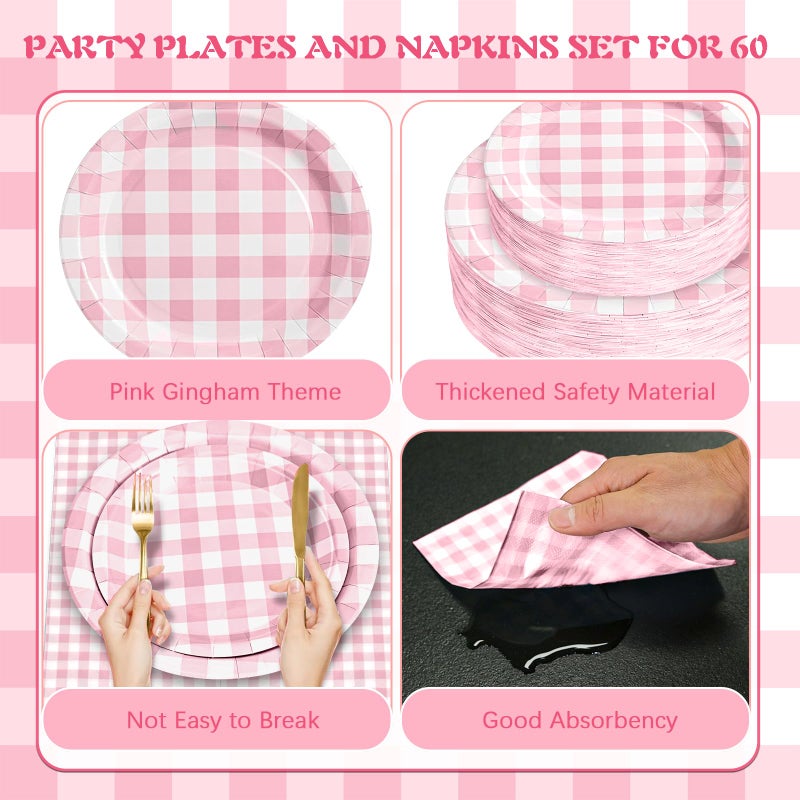 Hpscdyo 180Pcs Pink Gingham Party Supplies Paper Plates and Napkins Serve 60 Disposable Tableware Set for Birthday Party Decorations Game Day Family Holiday Sports Events - Image 3