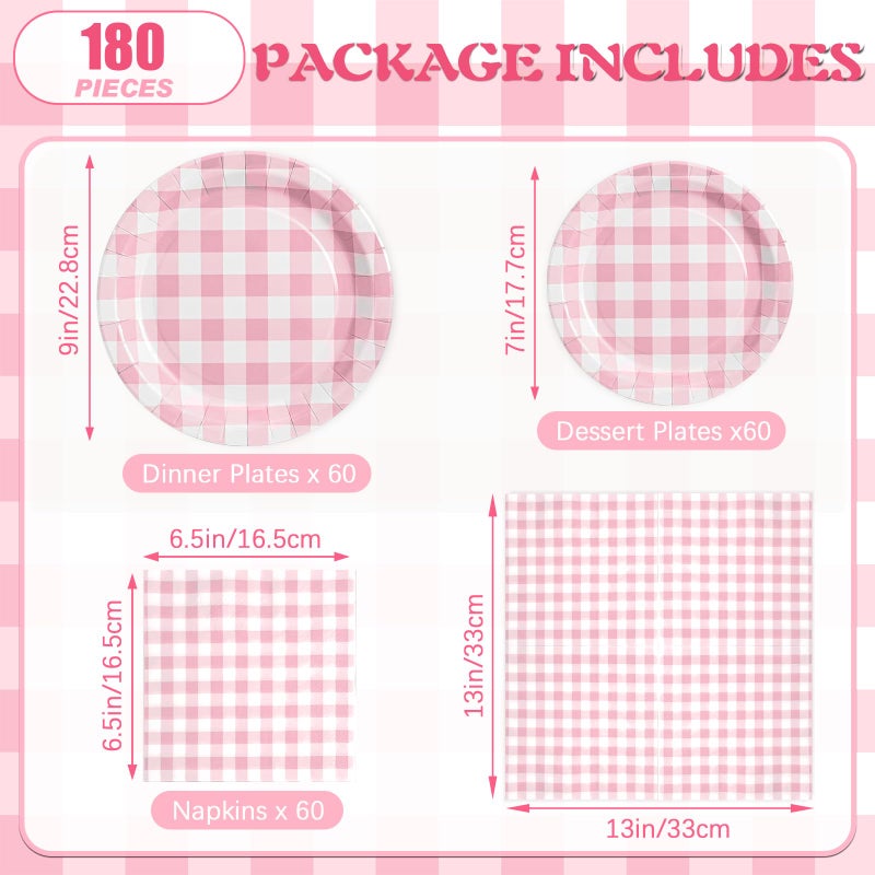 Hpscdyo 180Pcs Pink Gingham Party Supplies Paper Plates and Napkins Serve 60 Disposable Tableware Set for Birthday Party Decorations Game Day Family Holiday Sports Events - Image 2