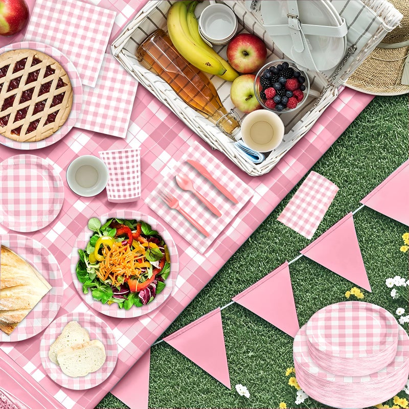 Hpscdyo 180Pcs Pink Gingham Party Supplies Paper Plates and Napkins Serve 60 Disposable Tableware Set for Birthday Party Decorations Game Day Family Holiday Sports Events - Image 4