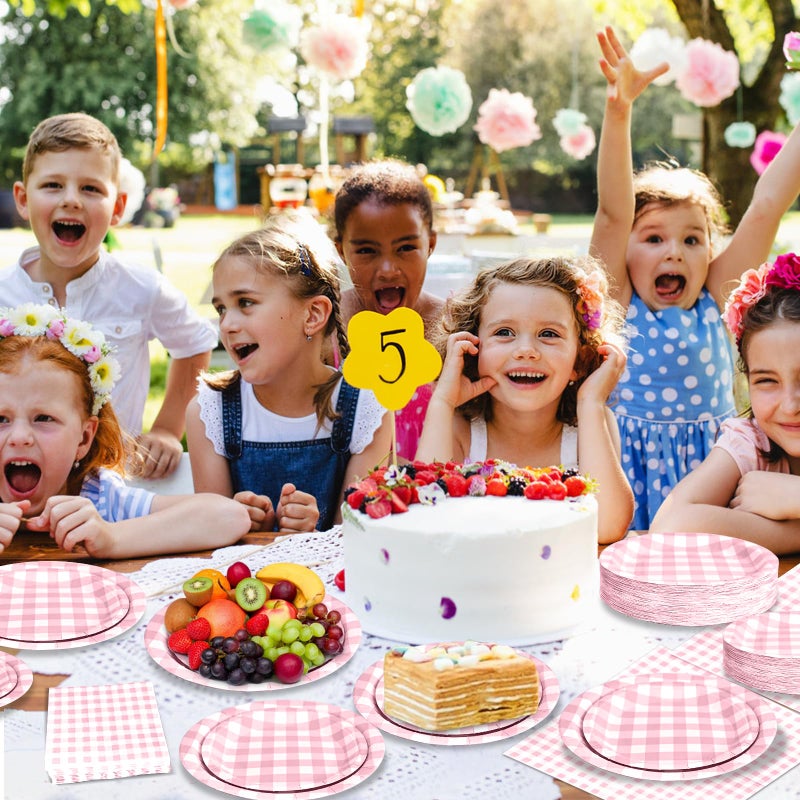 Hpscdyo 180Pcs Pink Gingham Party Supplies Paper Plates and Napkins Serve 60 Disposable Tableware Set for Birthday Party Decorations Game Day Family Holiday Sports Events - Image 5
