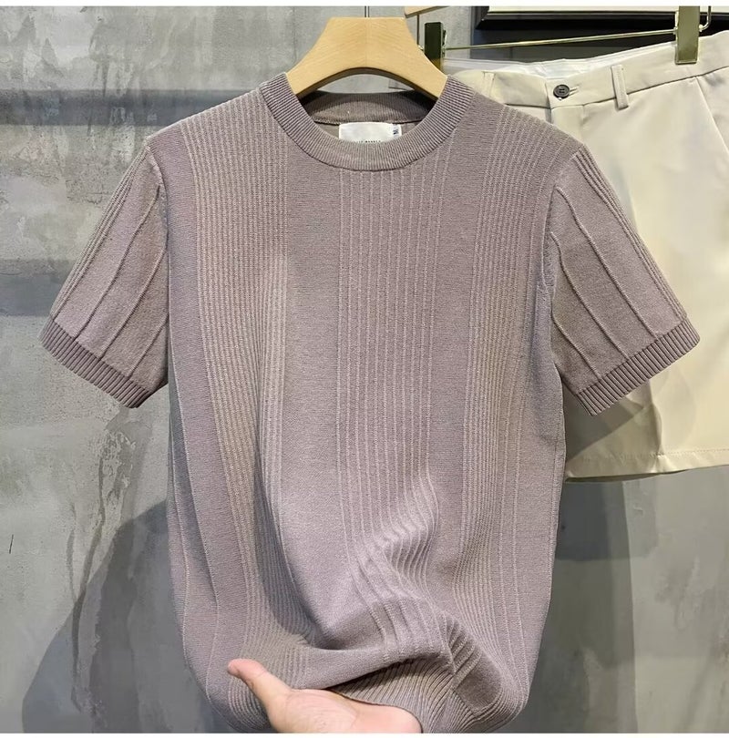 Knitted Short-sleeved T-shirt Mens Solid Color Vertical Stripes Summer Ins Trendy Casual Half-sleeved Top Round Neck Business Base Shirt Lotus color [high quality and versatile] 