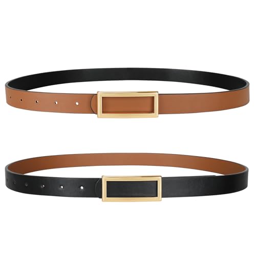 SANSTHS Skinny Reversible Belts for Women, Two-in-one Women Thin Belt for Dresses Jeans Pants with Gold Buckle, Black/Brown S - Image 1
