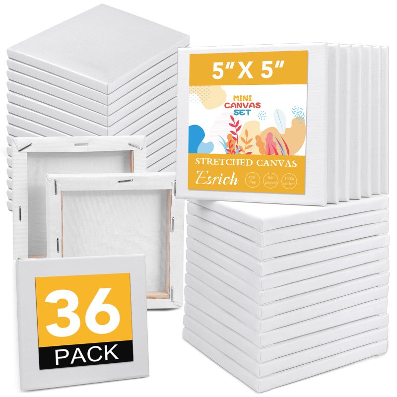 ESRICH مجموعة صغيرة من القماش 36 قطعة 5x5 إنش قماش فارغ للرسم لمشاريع ديكور المنزل