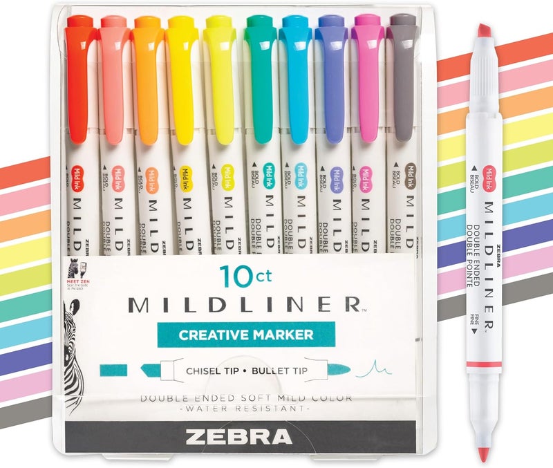 Zebra Pen Mildliner Dual-Tip Highlighter Set, Broad and Fine Tips, No Bleed, Ideal for Bible Highlighting, Journaling, Note-Taking and School Supplies, Friendly Ink Colors, 10-Pack (78501) - Image 1