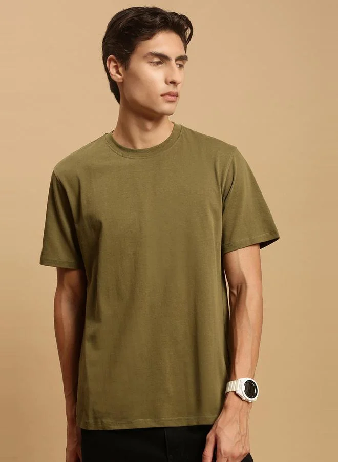 ECOLORE Men Olive Crew Neck 100% Cotton Comfort Fit T-Shirt