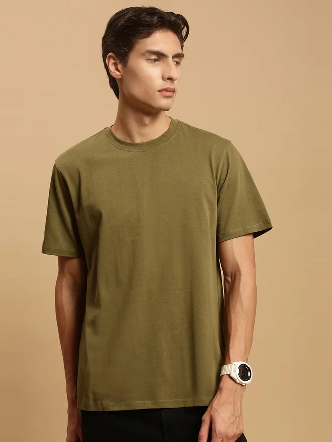 ECOLORE Men Olive Crew Neck 100% Cotton Comfort Fit T-Shirt