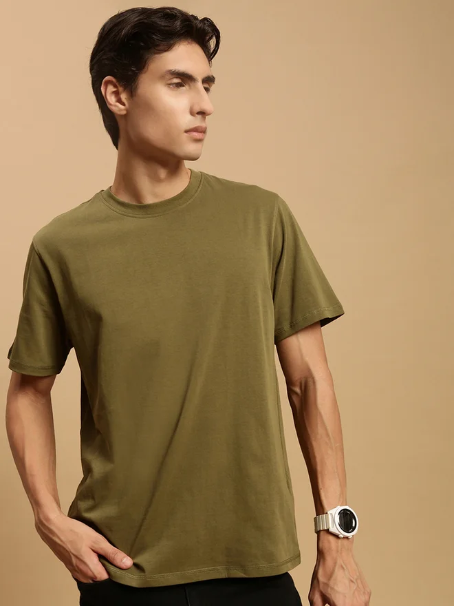 ECOLORE Men Olive Crew Neck 100% Cotton Comfort Fit T-Shirt