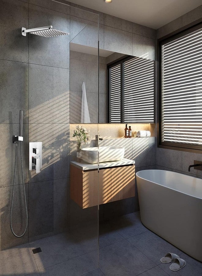 BESy مجموعة دش BESy 10 بوصة من النحاس الصلب مع رأس دش خلاط عالي الضغط و 2 في 1 محمول مثبت على الحائط، مجموعة صنبور دش مطري مع صمام خشن معتمد من cUPC من الكروم المصقول - Image 2