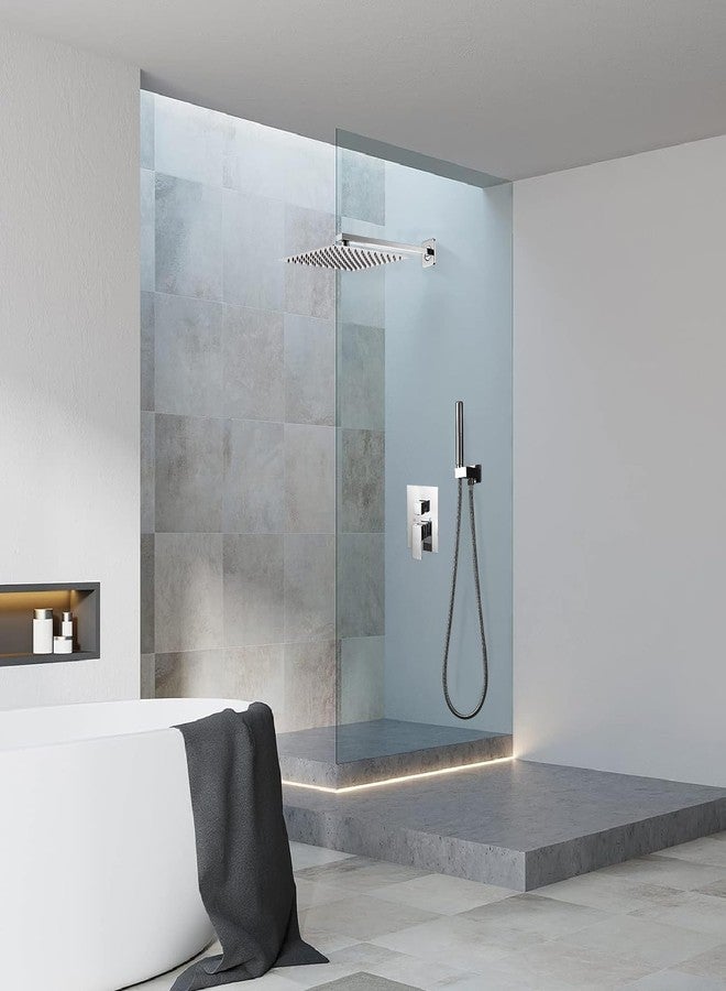 BESy مجموعة دش BESy 10 بوصة من النحاس الصلب مع رأس دش خلاط عالي الضغط و 2 في 1 محمول مثبت على الحائط، مجموعة صنبور دش مطري مع صمام خشن معتمد من cUPC من الكروم المصقول - Image 4