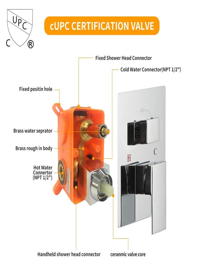 BESy مجموعة دش BESy 10 بوصة من النحاس الصلب مع رأس دش خلاط عالي الضغط و 2 في 1 محمول مثبت على الحائط، مجموعة صنبور دش مطري مع صمام خشن معتمد من cUPC من الكروم المصقول - Image 3