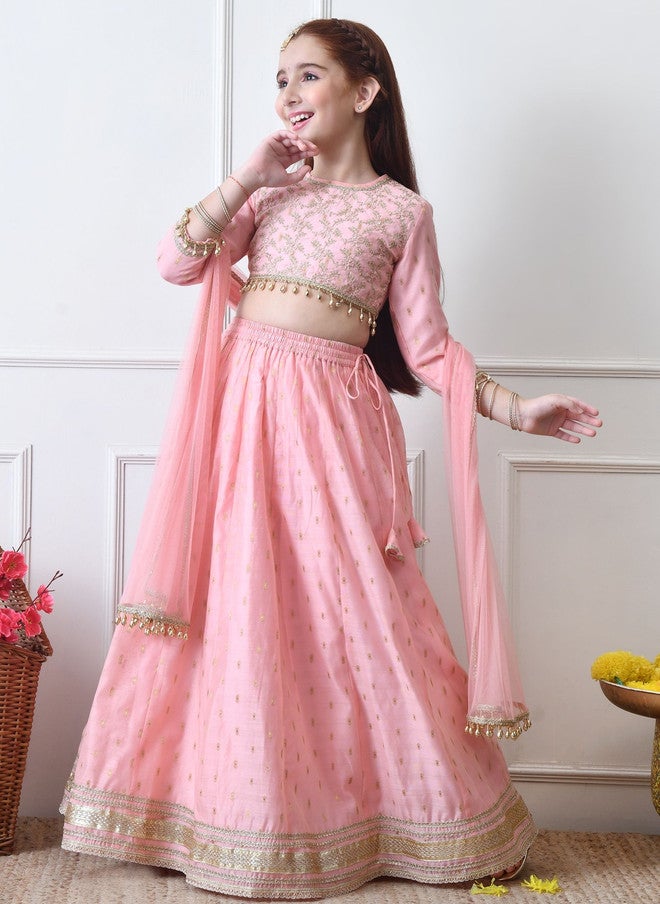 Indi-Loom Couture Girls Embroidered Round Neck Ready to Wear Lehenga & Blouse With Dupatta - Image 1