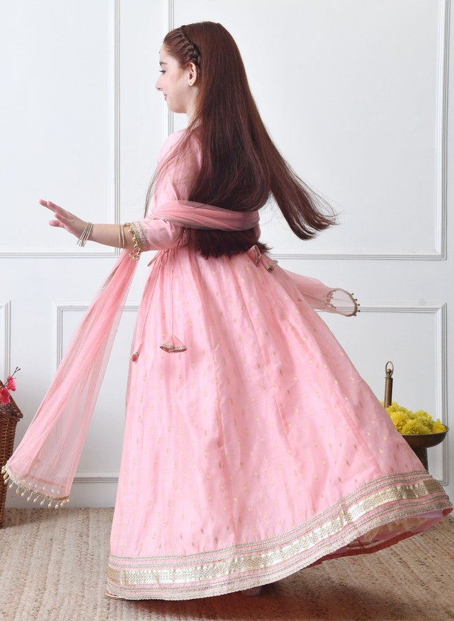 Indi-Loom Couture Girls Embroidered Round Neck Ready to Wear Lehenga & Blouse With Dupatta - Image 3
