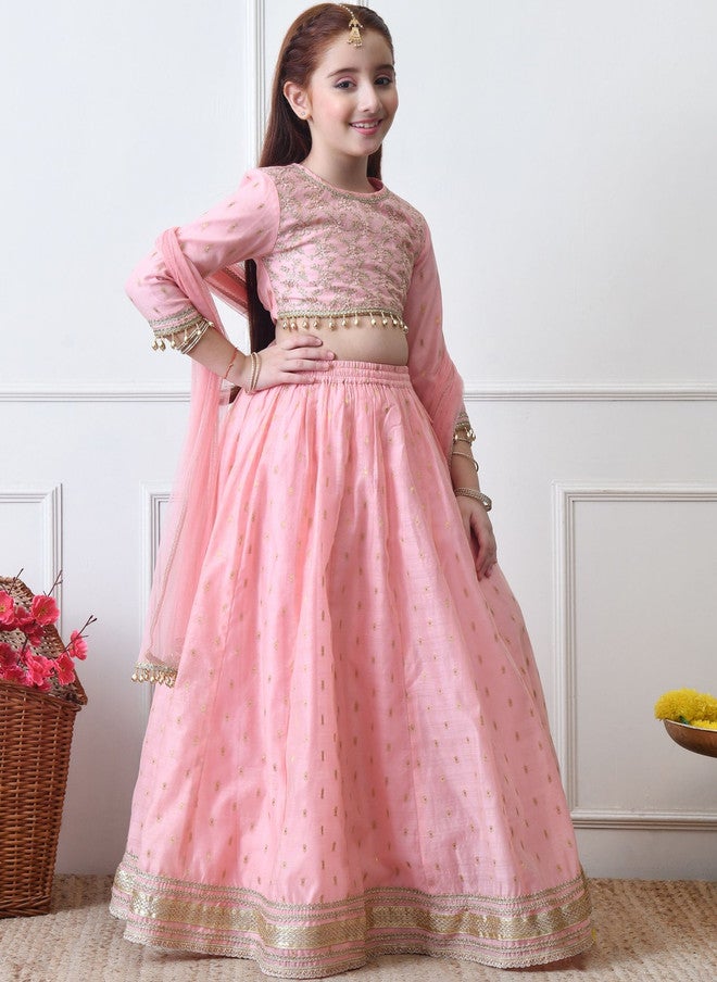 Indi-Loom Couture Girls Embroidered Round Neck Ready to Wear Lehenga & Blouse With Dupatta - Image 2