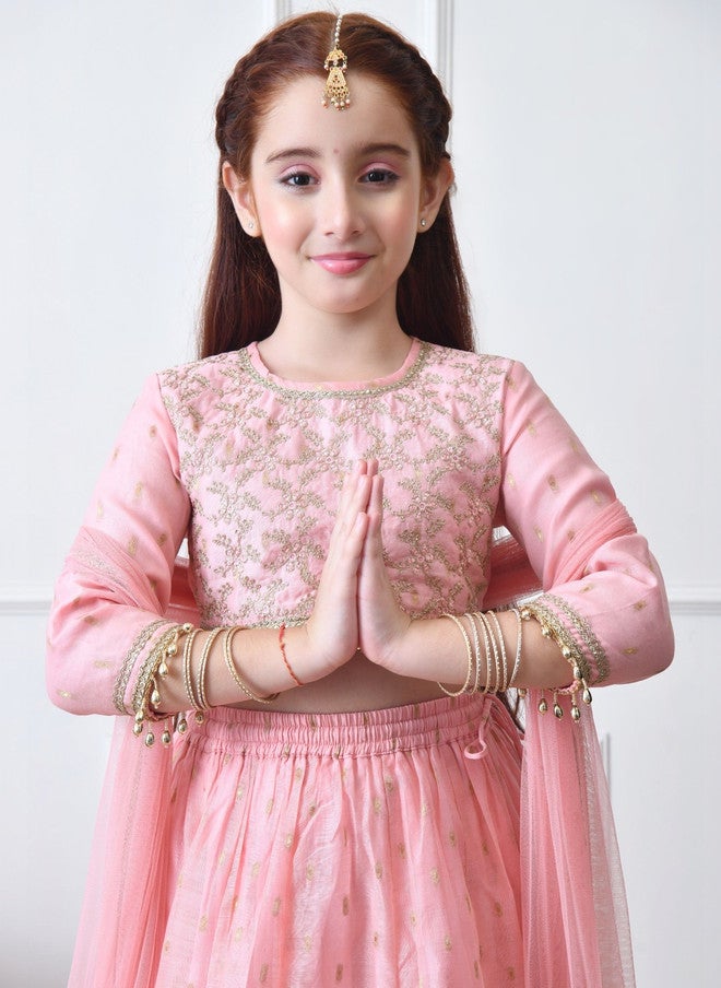 Indi-Loom Couture Girls Embroidered Round Neck Ready to Wear Lehenga & Blouse With Dupatta - Image 5