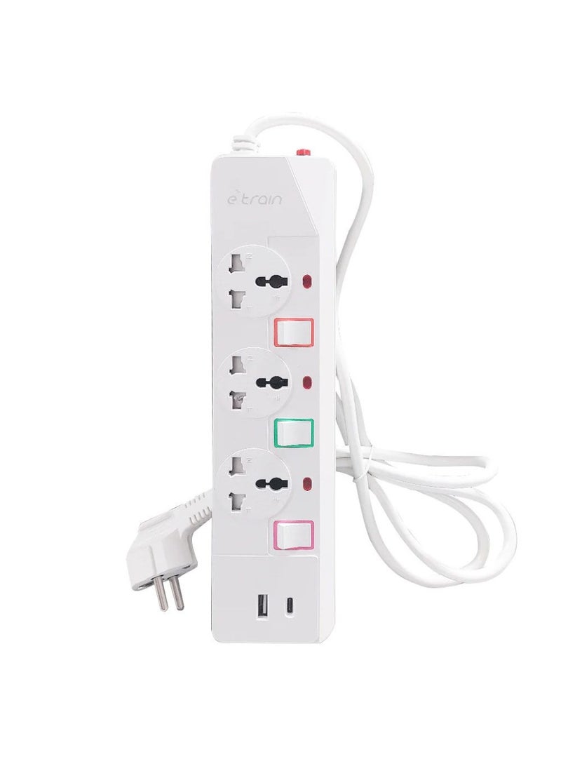E-Train Power Strip 16A 3 Output Plugs + 1 USB + 1 Type-C 2.4A - 1.5m With On-Off Switch PS074 - White - Image 1