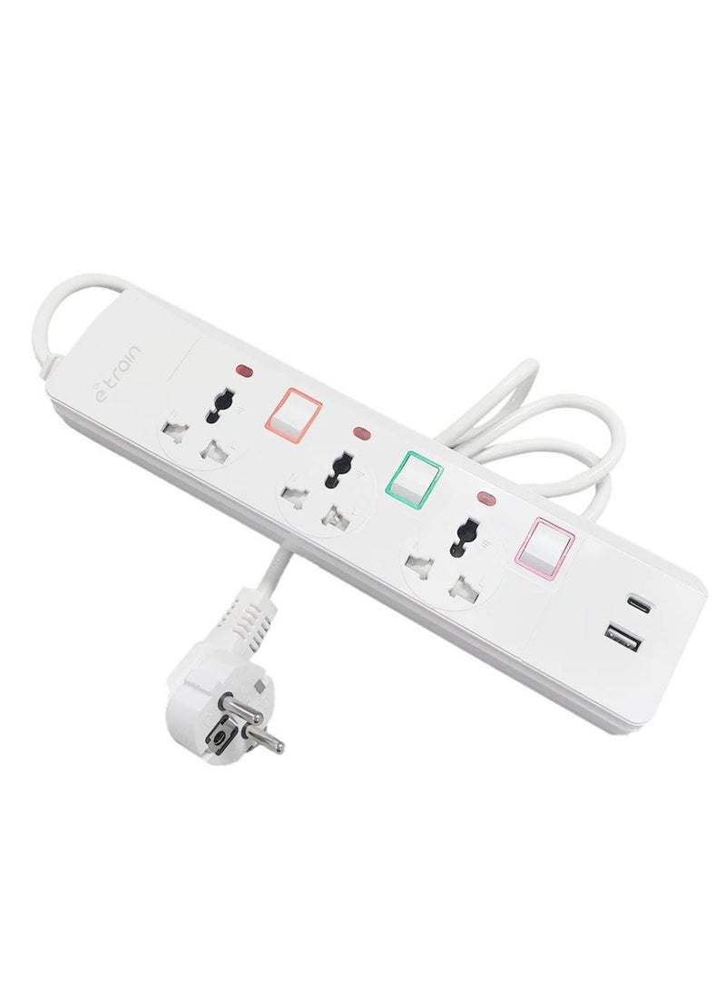 E-Train Power Strip 16A 3 Output Plugs + 1 USB + 1 Type-C 2.4A - 1.5m With On-Off Switch PS074 - White - Image 2