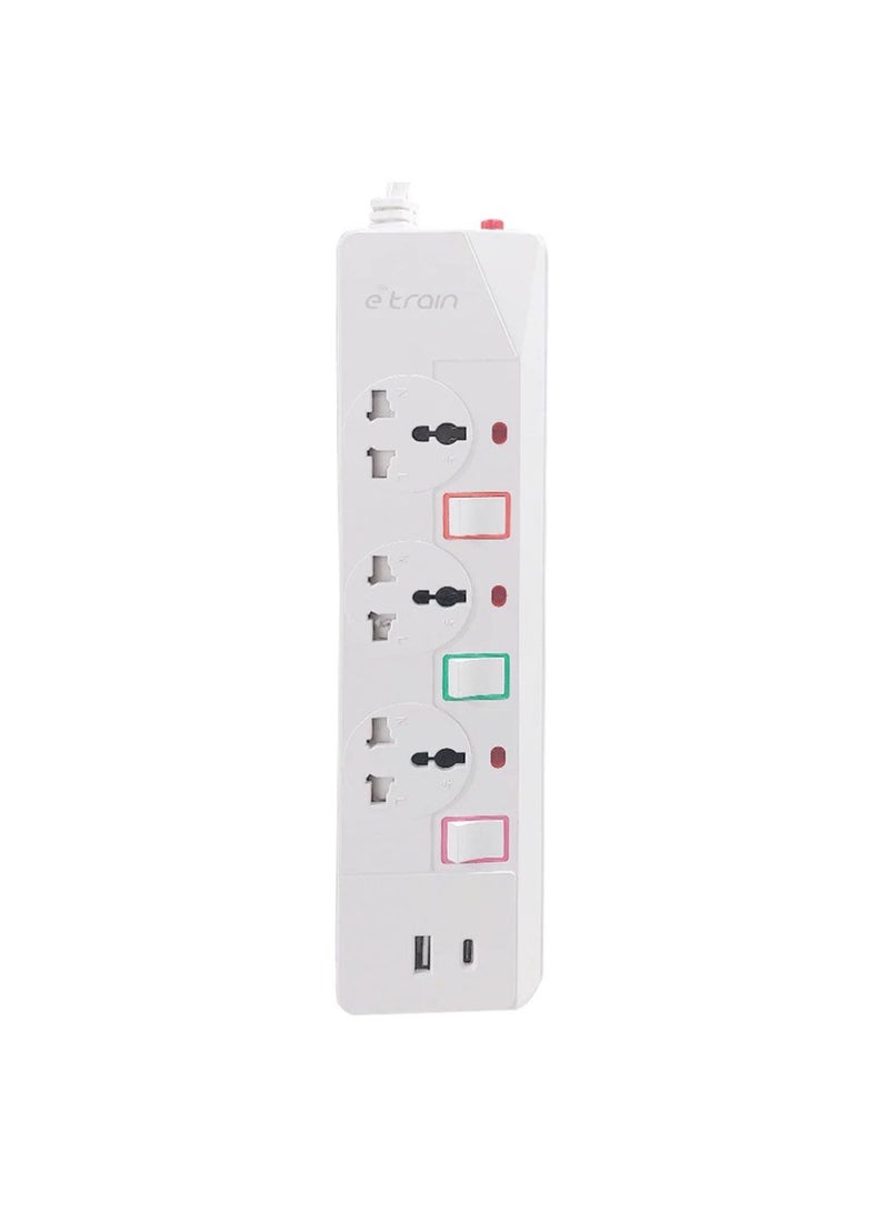 E-Train Power Strip 16A 3 Output Plugs + 1 USB + 1 Type-C 2.4A - 1.5m With On-Off Switch PS074 - White - Image 3