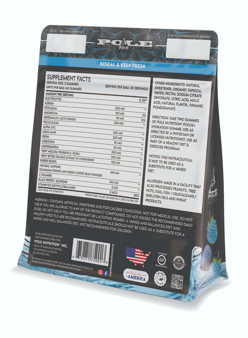 POLE NUTRITION Focus+ Hydration Gummies - Mental Clarity & Electrolyte Support (Blue Raspberry, Sugar-Free) - Image 2