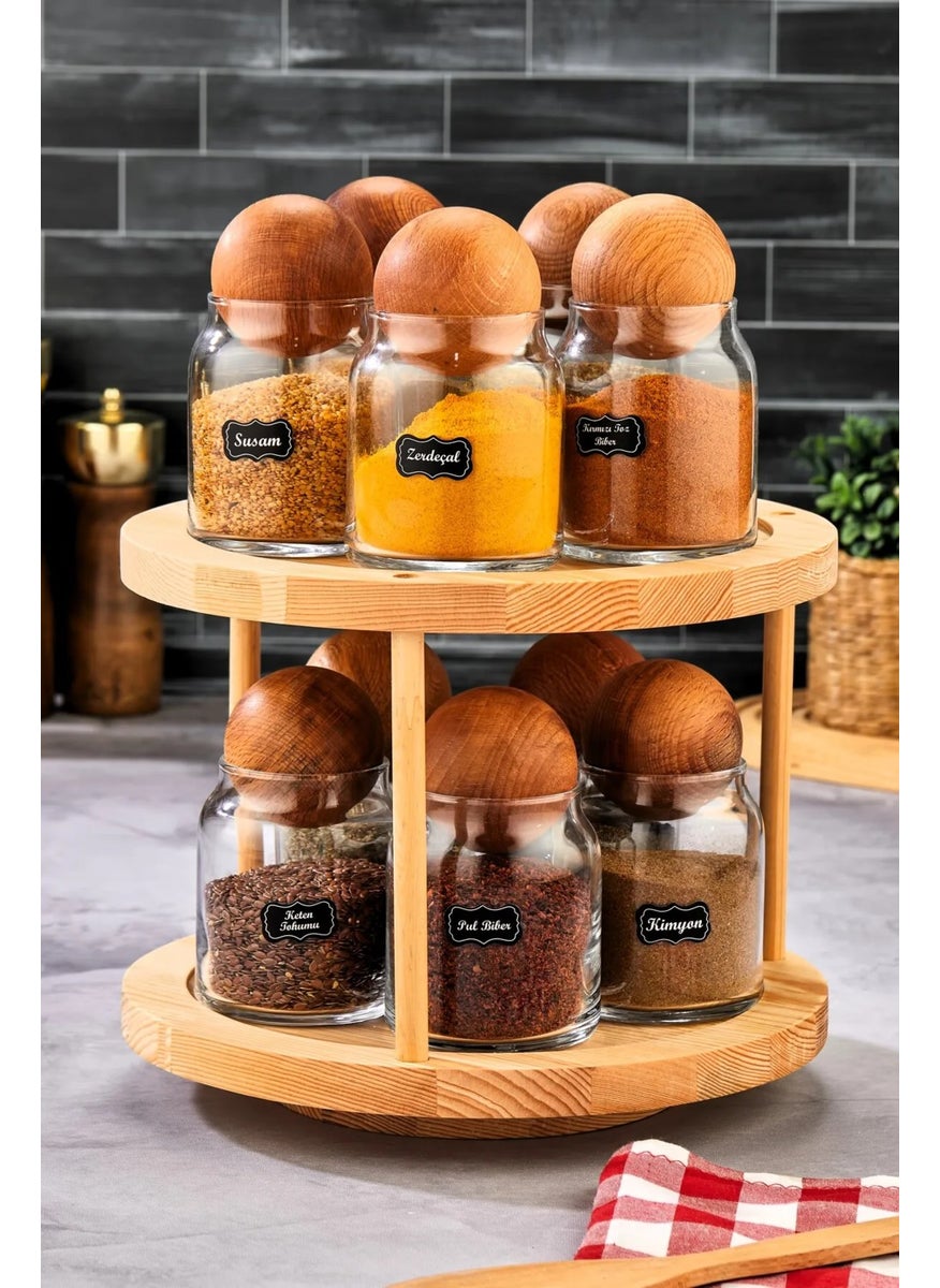 Fbz Home 10 Piece Wooden Ball Lid Rotating Stand Labeled Glass Spice Jar Set Storage Jar 300 ml  - Image 1