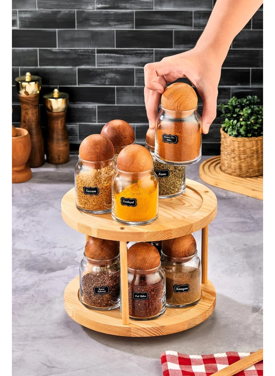 Fbz Home 10 Piece Wooden Ball Lid Rotating Stand Labeled Glass Spice Jar Set Storage Jar 300 ml  - Image 3