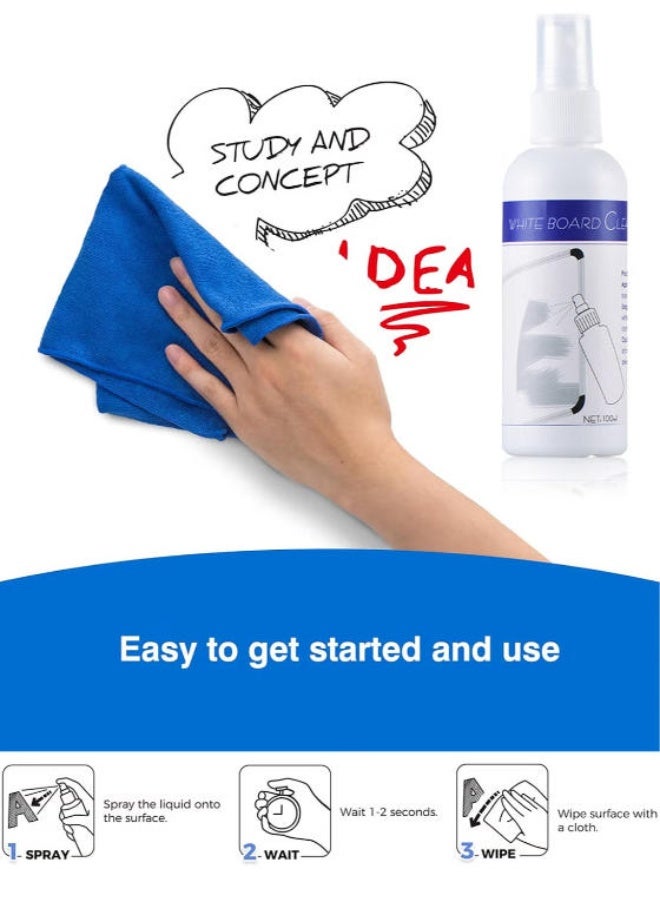 Opula White Board Cleaning Kit，Whiteboard Cleaner Spray 100ml Dry Erase Board Cleaner with Cloths Non Toxic Dry Erase Cleanning Removes Stubborn Marks from Whiteboards - Image 2