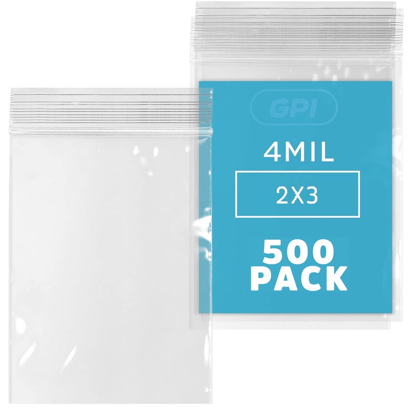 CLEAR PLASTIC REUSABLE ZIP BAGS - Bulk GPI Pack of 500, 2" x 3" 4mil Thick Heavy Duty, Strong & Durable Poly Baggies with Resealable Zip Top Lock For Travel, Storage, Packaging & Shipping.