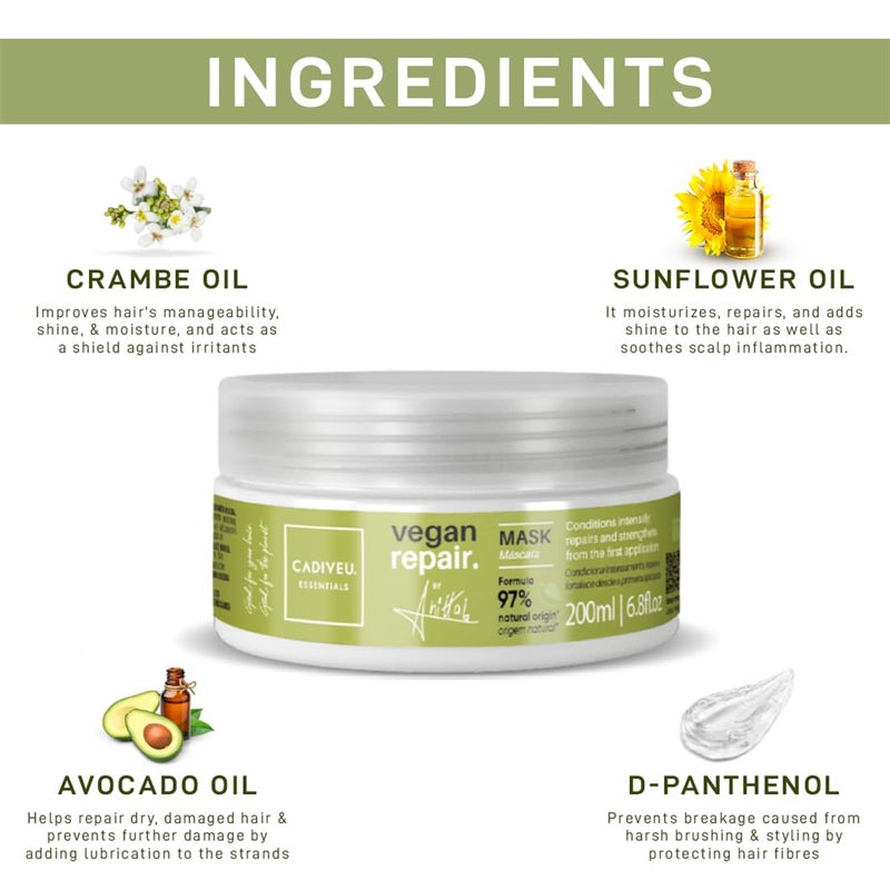 Cadiveu Vegan Repair Hair Mask 200ml Post Shampoo Hair Mask Infused with Green Repair Technology Repairs and Restores Nutrients - Image 3