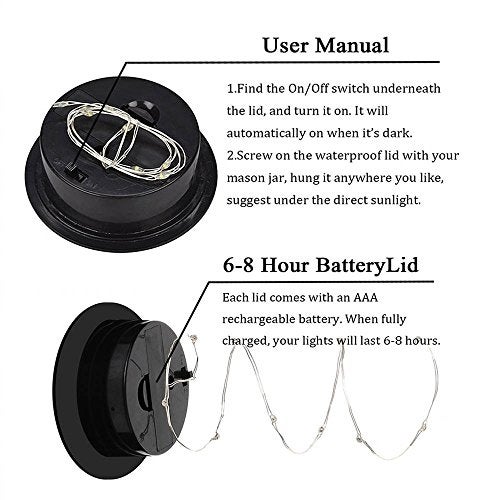 Miaro 6 Pack Mason Jar Lights, 10 LED Solar Colorful Flicker Fairy String Lights Lids Insert for Garden Deck Patio Party Wedding Decorative Lighting Fit for Regular Mouth Jars … - Image 2