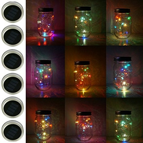 Miaro 6 Pack Mason Jar Lights, 10 LED Solar Colorful Flicker Fairy String Lights Lids Insert for Garden Deck Patio Party Wedding Decorative Lighting Fit for Regular Mouth Jars … - Image 1