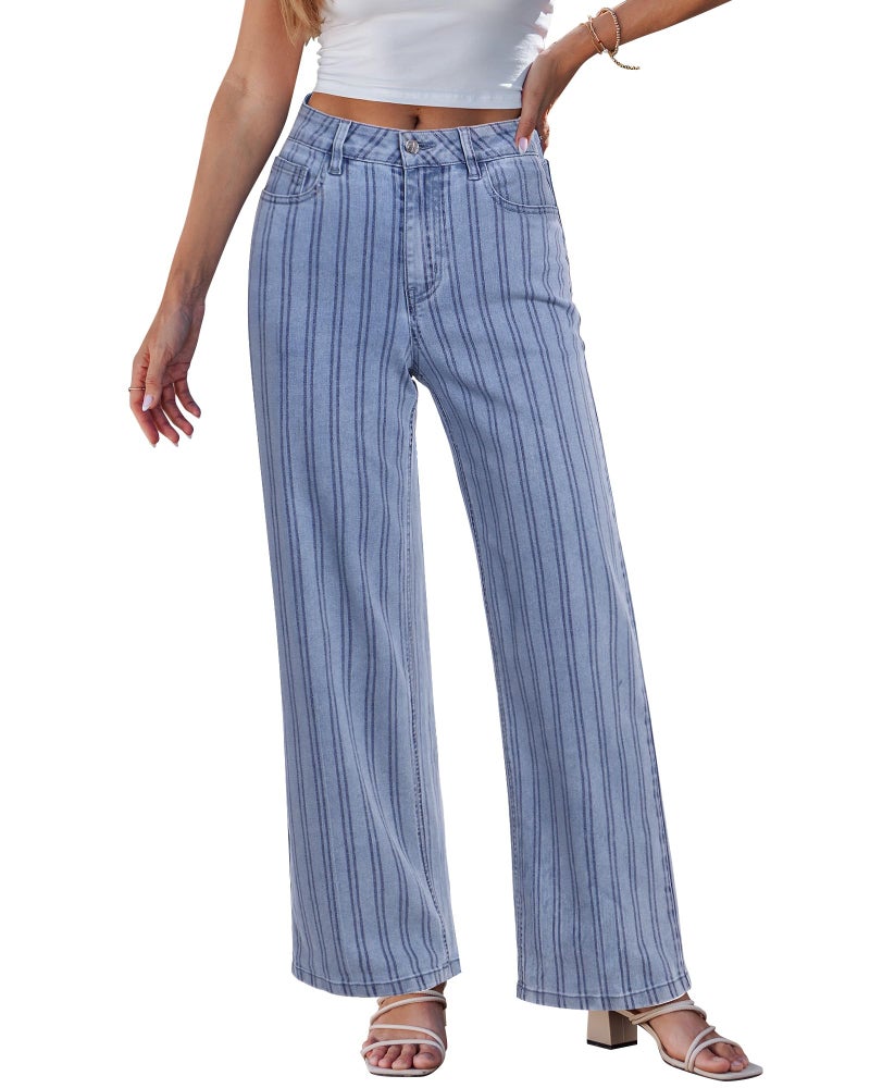GRAPENT Striped Pants Women High Waisted Denim Jeans Trendy Cute Jeans for Vacation Wide Leg Pants Cruise Wear Stretchy for Daily Casual Ladies Western Wear Bay Blue Small Size 4 to 6 - Image 1