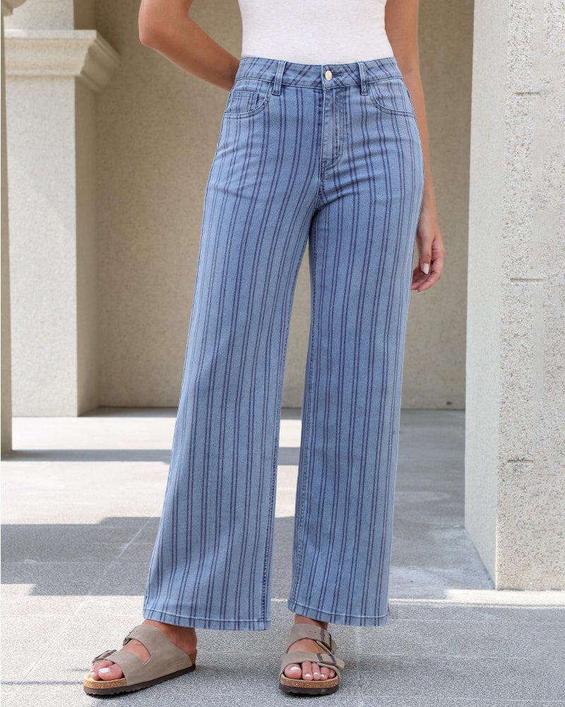 GRAPENT Striped Pants Women High Waisted Denim Jeans Trendy Cute Jeans for Vacation Wide Leg Pants Cruise Wear Stretchy for Daily Casual Ladies Western Wear Bay Blue Small Size 4 to 6 - Image 2