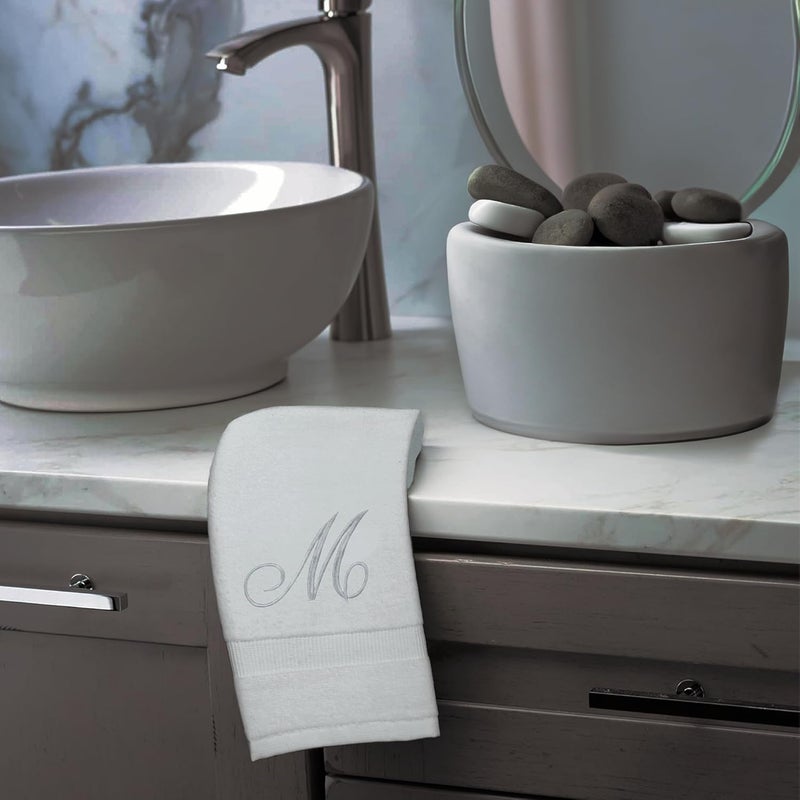 BC BARE COTTON Monogrammed Fingertip Towels, Personalized Gift, 11 x 18 Inches - Set of 4 - Silver Script Embroidery - Extra Absorbent 100% Turkish Cotton- Soft Terry Velour- for Bathroom, Kitchen and Spa- M White - Image 2