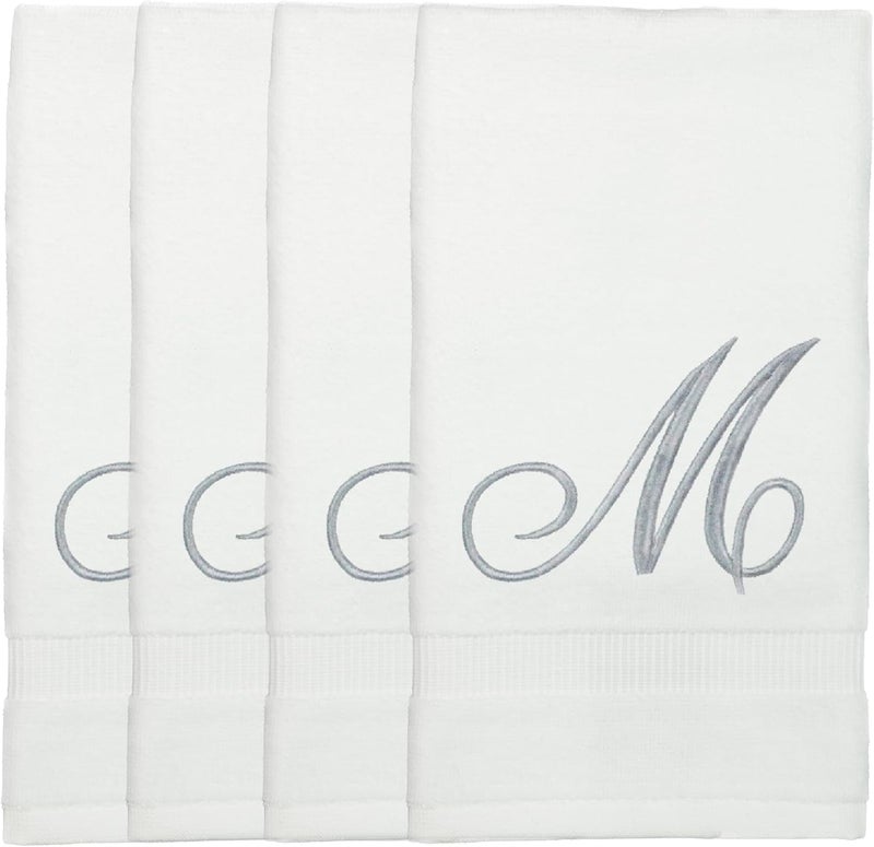 BC BARE COTTON Monogrammed Fingertip Towels, Personalized Gift, 11 x 18 Inches - Set of 4 - Silver Script Embroidery - Extra Absorbent 100% Turkish Cotton- Soft Terry Velour- for Bathroom, Kitchen and Spa- M White - Image 1