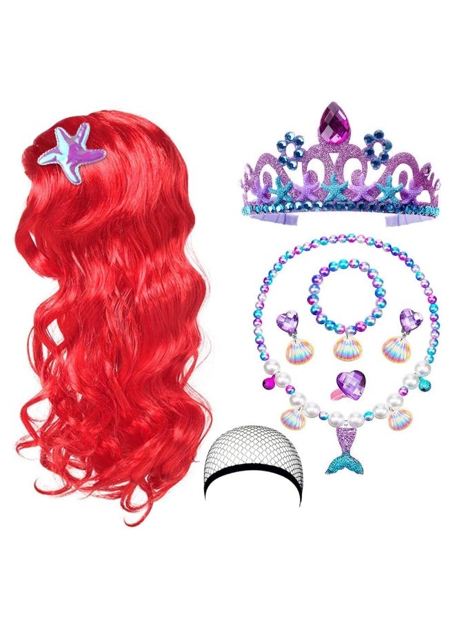 KOWVOWZ KOWVOWZ 8Pcs Mermaid Costume Set, Princess Red Long Curly Wig Hair with Mermaid Themed Jewellery Accessories Dress Up Gifts for Kids Girls Cosplay Halloween Masquerade Birthday Christmas Party  - Image 1
