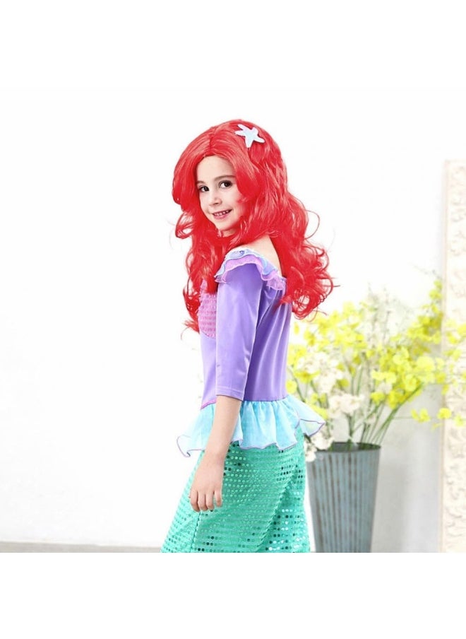 KOWVOWZ KOWVOWZ 8Pcs Mermaid Costume Set, Princess Red Long Curly Wig Hair with Mermaid Themed Jewellery Accessories Dress Up Gifts for Kids Girls Cosplay Halloween Masquerade Birthday Christmas Party  - Image 3