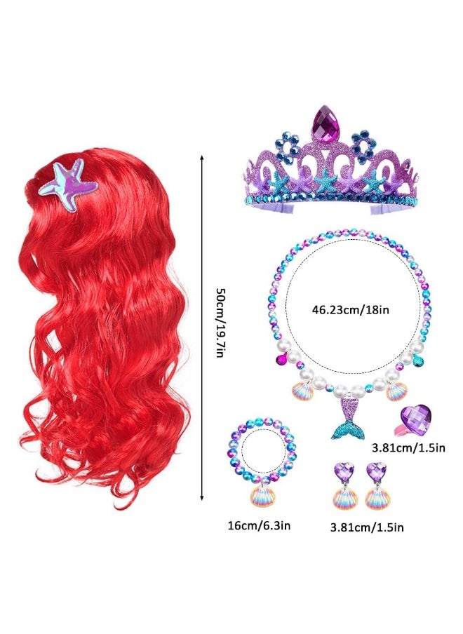 KOWVOWZ KOWVOWZ 8Pcs Mermaid Costume Set, Princess Red Long Curly Wig Hair with Mermaid Themed Jewellery Accessories Dress Up Gifts for Kids Girls Cosplay Halloween Masquerade Birthday Christmas Party  - Image 2