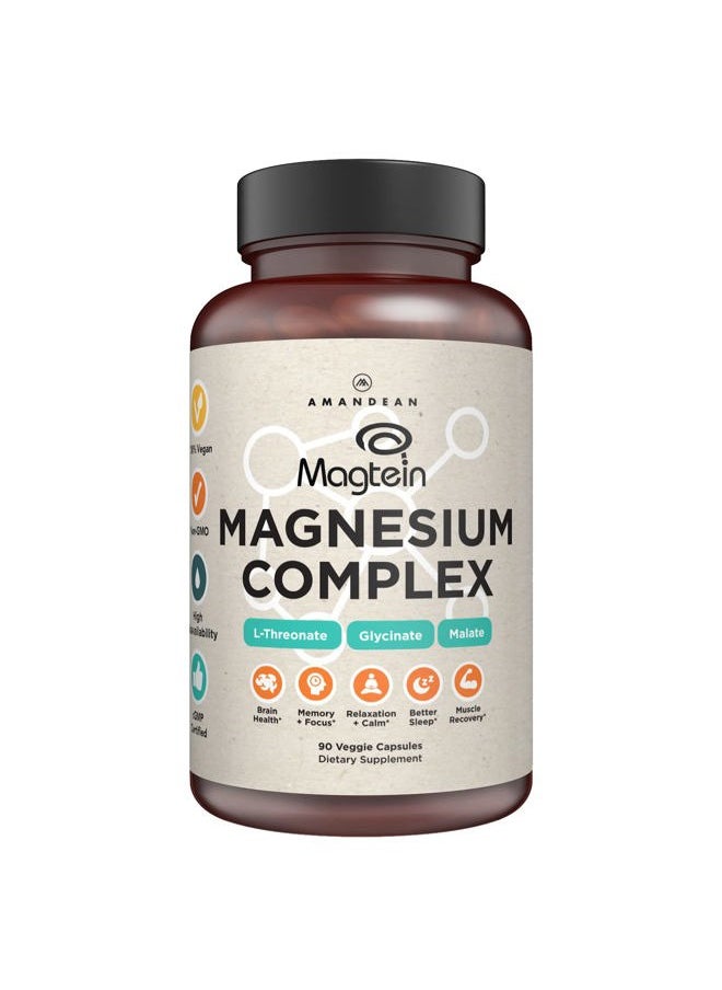 AMANDEAN - Magtein Magnesium Complex. L-Threonate, Glycinate, Malate Triple Blend Chelated Magnesium Supplement. 90 Veggie Capsules. High Absorption Branded Ingredients. Brain Health, Sleep, Calm*. - Image 1