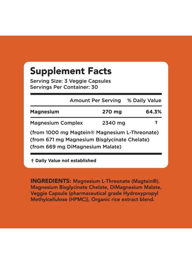 AMANDEAN - Magtein Magnesium Complex. L-Threonate, Glycinate, Malate Triple Blend Chelated Magnesium Supplement. 90 Veggie Capsules. High Absorption Branded Ingredients. Brain Health, Sleep, Calm*. - Image 1