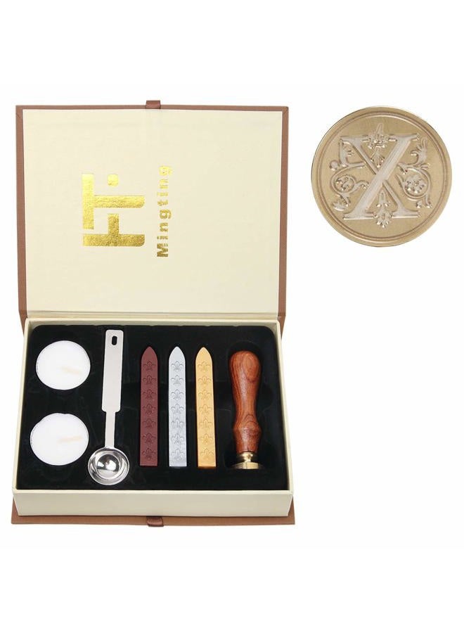 Mingting Wax Seal Stamp Kit,Mingting Classical Old-Fashioned Antique Wax Stamp Seal Kit Initial Letters Alphabet Set Gift Box with Vintage Wooden Handle and Brass Color Head(X) - Image 1