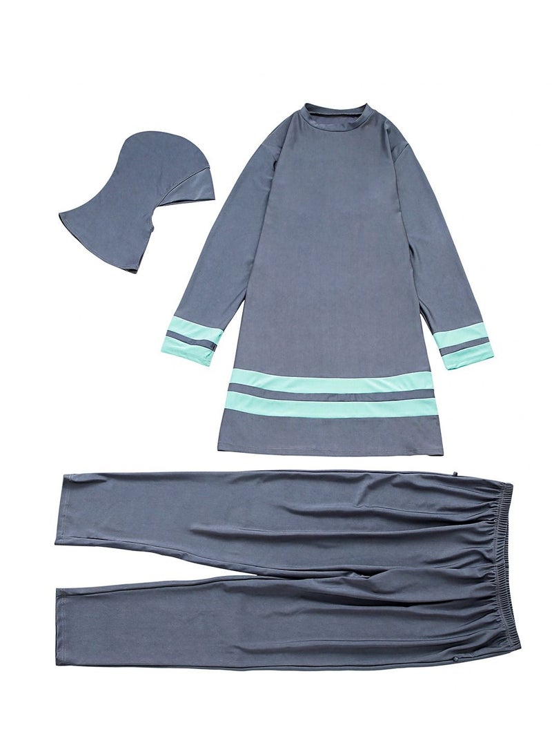 Loquat Big Size Highly Elastic Swimwear Set Womens Long Sleeve Burkini Set Grey/Blue  - Image 3