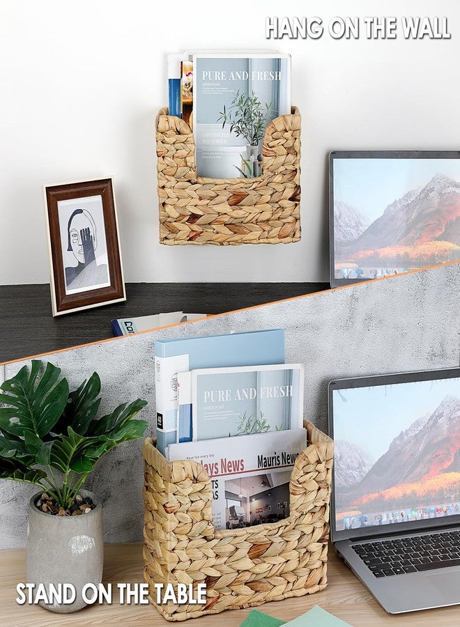 بي تي سكاي حامل مجلات معلق منسوج من BTSKY، سلة مجلات من زهرة النيل، سلة تخزين جدارية للكتب والملفات، منظم ملفات جداري، رف مجلات بمقبض للمنزل والمكتب - 11.8 × 4.3 × 7.9 بوصة - Image 2